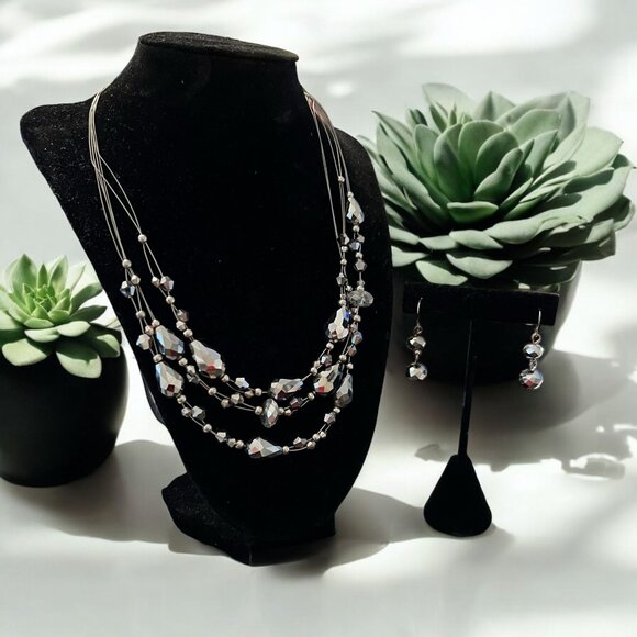 Silver Faceted Crystal Bead Necklace and Earring Set Elegant Evening Glam Dangle - Picture 1 of 7